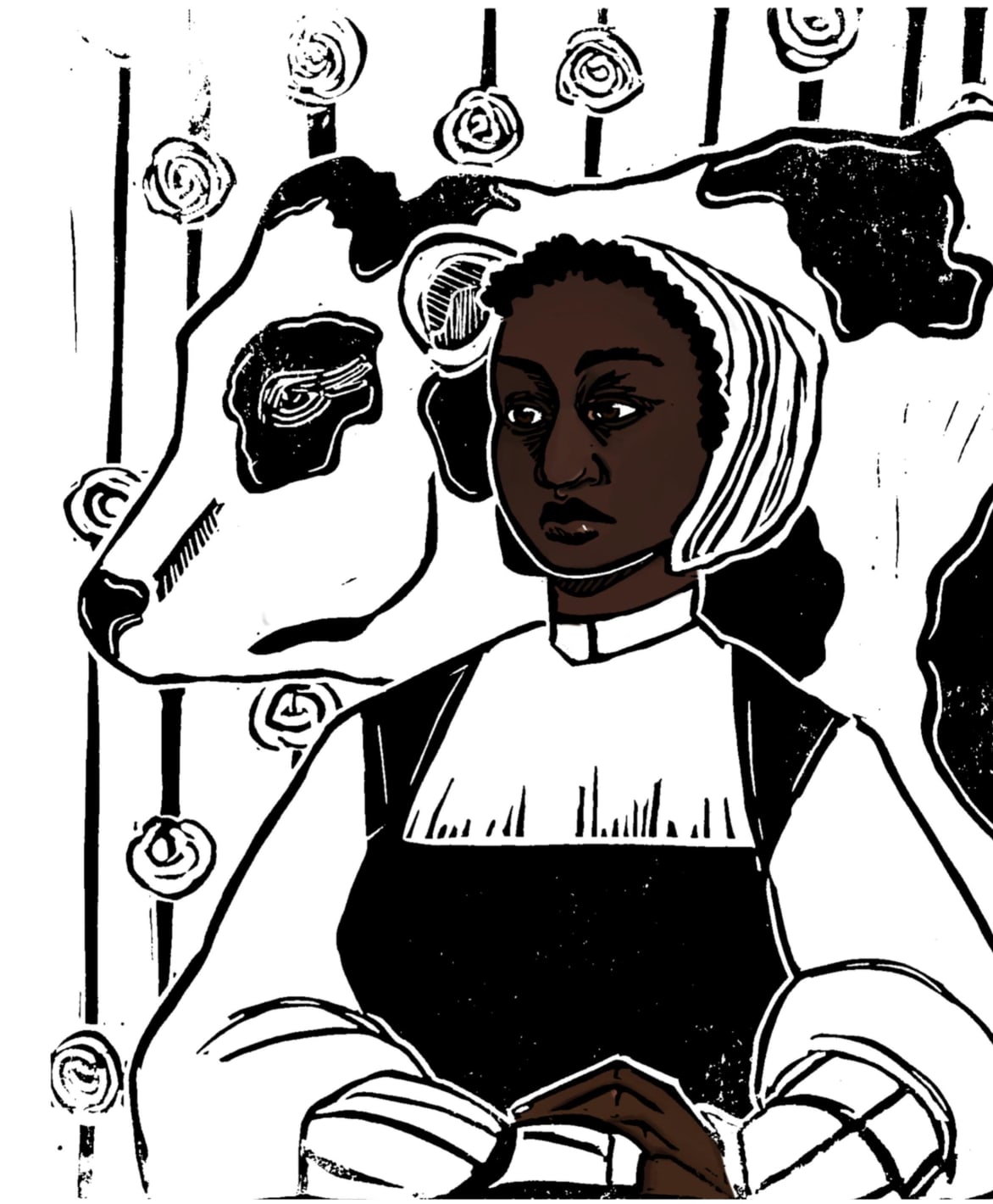 A lino print of a 16th century Black woman dressed in clothes of the time; her white collar tight around her neck and her bonnet covering her hair. Behind the woman is a black and white cow, peering over her shoulder. The wall behind them is wooden, evident from the texture of the wood recreated in print.