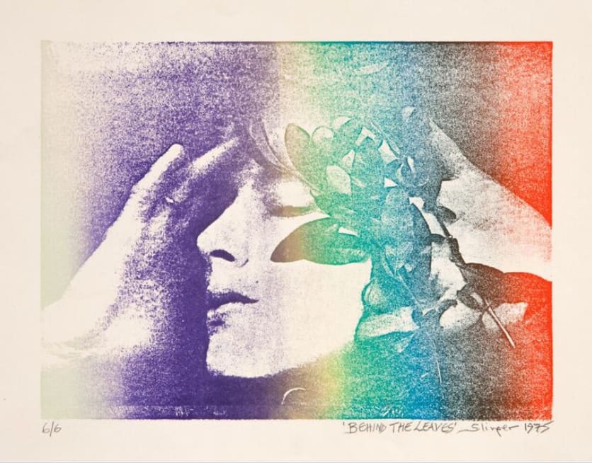 A print of hazy, thick horizontal blocks of colour with a woman