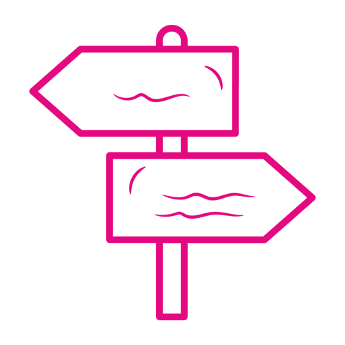 Pink digital image of a sign post with arrows pointing in opposite directions
