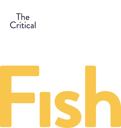 Logo. Text reads The Critical Fish. The word Fish is larger than the rest of the words, which appear to be emerging out of Fish in bubbles.