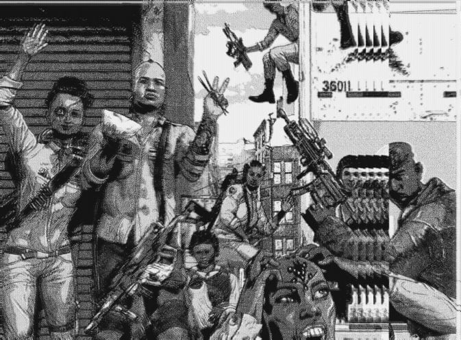 Black and white digital illustration with cartoon-like aspects showing a group of futuristic fighters armed with guns.