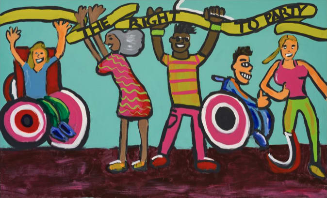 A landscape painting in bold colours of yellow, blue, pink and green. Five people celebrate in a colourful room, two in wheelchairs and three standing, all appearing to move about joyfully. The people smile and hold a yellow banner above their head that reads in black text: ‘The Right to Party.’