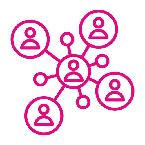 Digital pink image of a diagram of multiple people connected in a network.