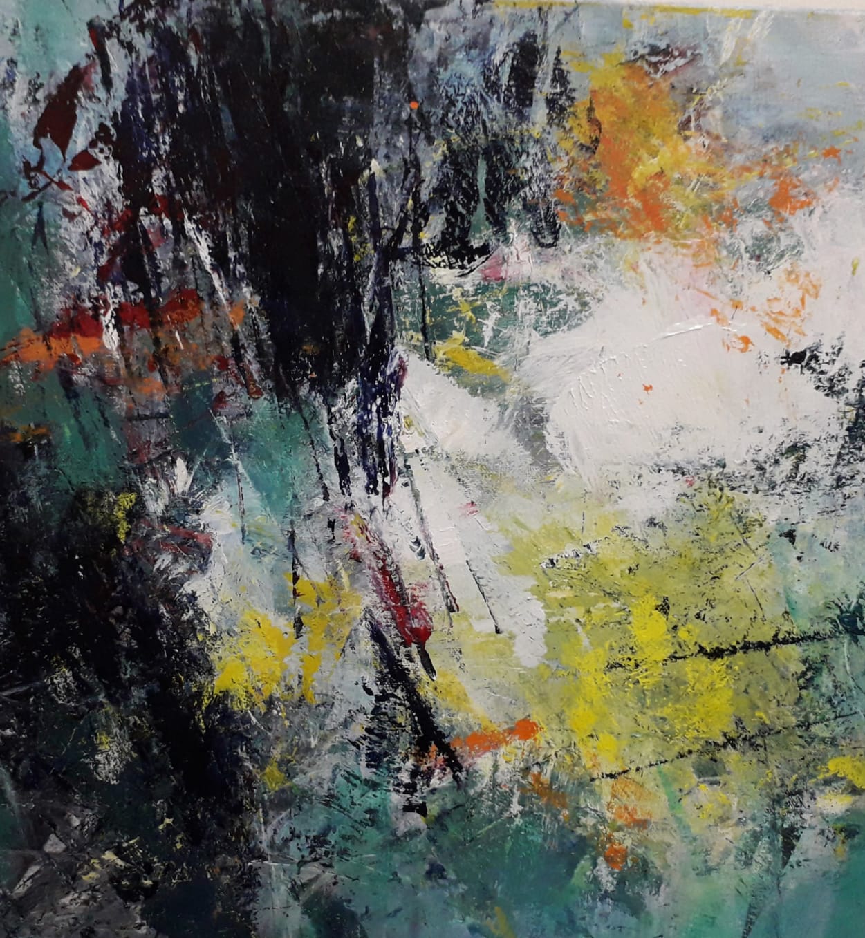 Abstract landscape by Anita Roye. The bottom layer in acrylic paint is pale blue. On the left side are two rough areas of very dark colours, highlighted on the right by blurry patches of yellow and white.