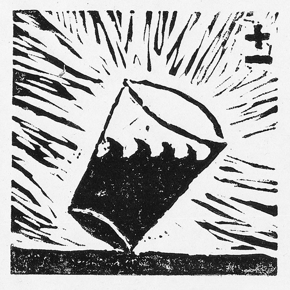 A square black and white linocut print, contained in a blank white border depicts a cup sat on a flat surface filled with liquid tilted and balanced to the right. Inside the cup the liquid produces a wave. Around the cup are thin black lines pointing