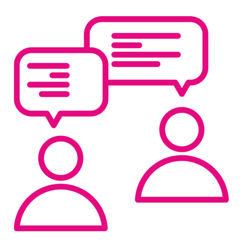 Pink digital icon of two people with speech bubbles above their head.