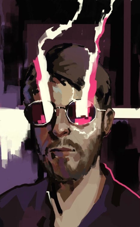 A digital illustration portrait of Liam. Bright pink shapes, which somewhat resemble lightning or electricity, shoot out of his glasses.