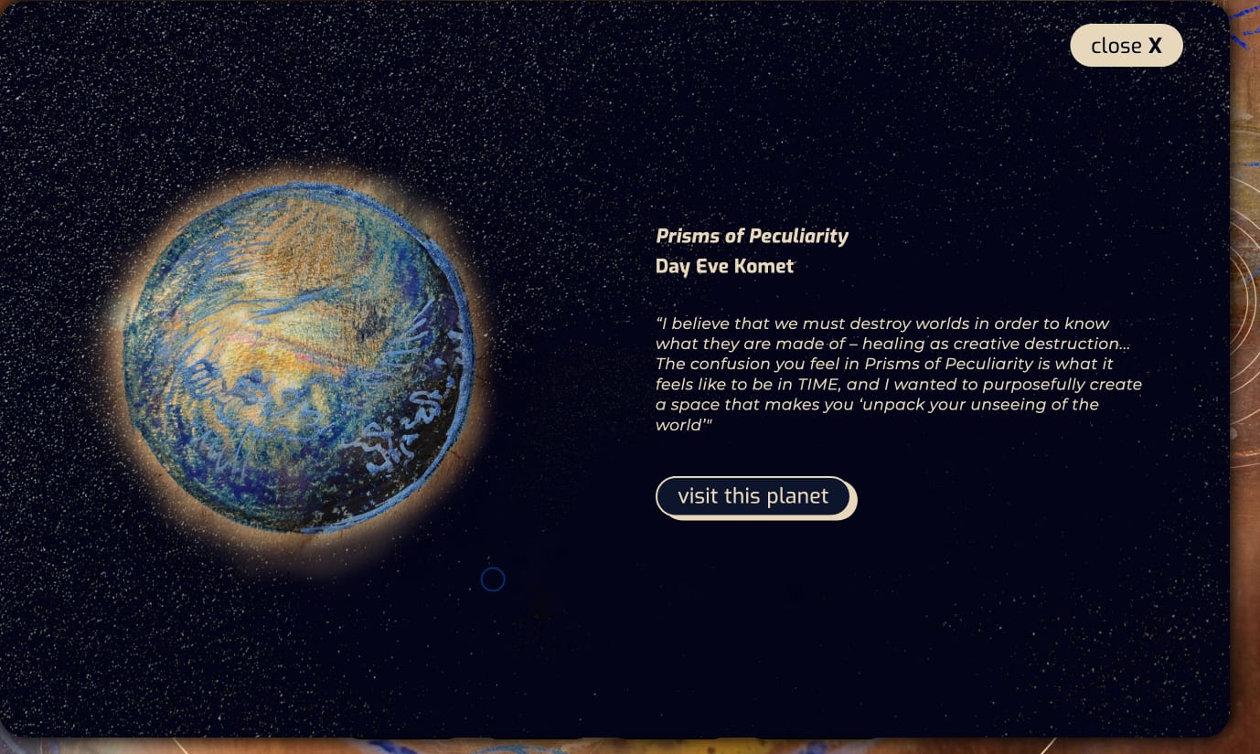 Screenshot of a game-like application on a black screen. To the left is an image of a globe and to the right is a piece of text including 