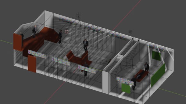 A computer-generated three dimensional model of a gallery-like environment. The room has no windows, implying it is underground. The model is layered with lighting effects which also show light seeping down from an upper level in thin beams, lighting the dark basement patchily. Several avatars appear to be moving around the space. Placeholder canvases line the walls.