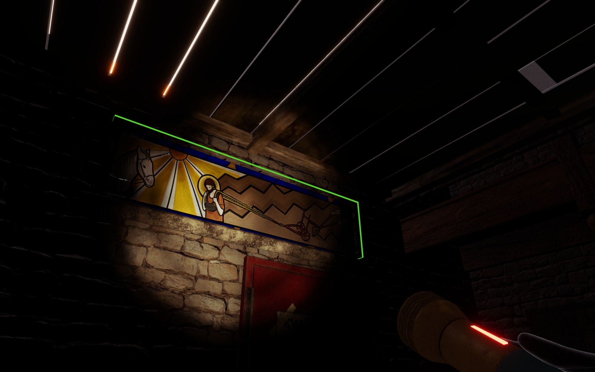 In-game screenshot focusing on a stained glass window. Perspective is limited by the reach of the torchlight, so little beyond the window, the crumbling brick wall it is embedded in, and the wooden floorboards overhead is discernible. The window depicts, in landscape format and bright colours, a scene in which a male figure, head surrounded by golden halo, is pulling an old fashion plough through dark brown fields. On his left stands a horse, the pair separated by a large sun with emerging beams.