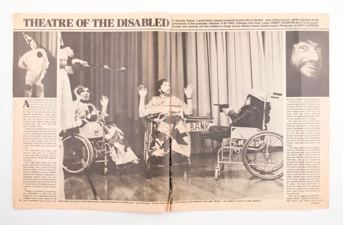 Image shows an old newspaper spread bearing the headline theatre of the disabled