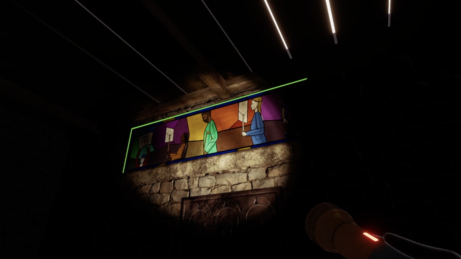  In-game screenshot focusing on a stained glass window. Perspective is limited by the reach of the torchlight, so little beyond the window, the crumbling brick wall it is embedded in, and the wooden floorboards overhead is discernible. The window depicts, in landscape format and bright colours, a diverse line up of figures, some using mobility aids, some holding placards above their heads.