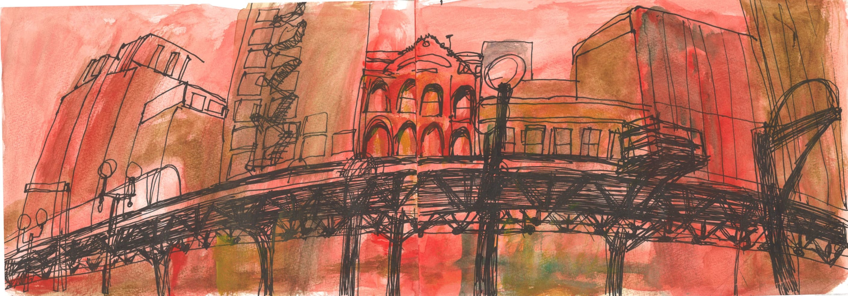Sketch of a railway bridge and buildings in the background.