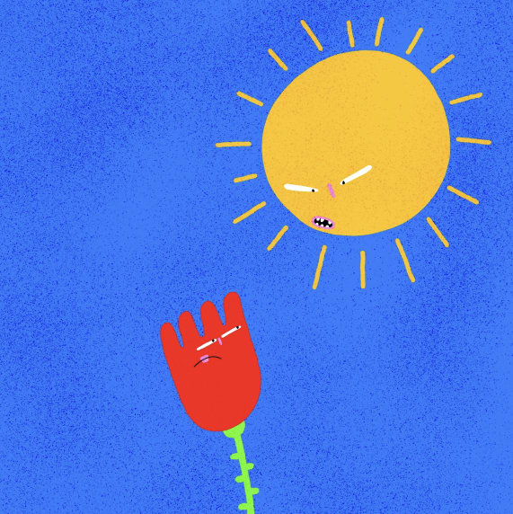 A square format illustration of a red flower looking up at a yellow sun on a blue background. Both of them have sad and angry expressions.