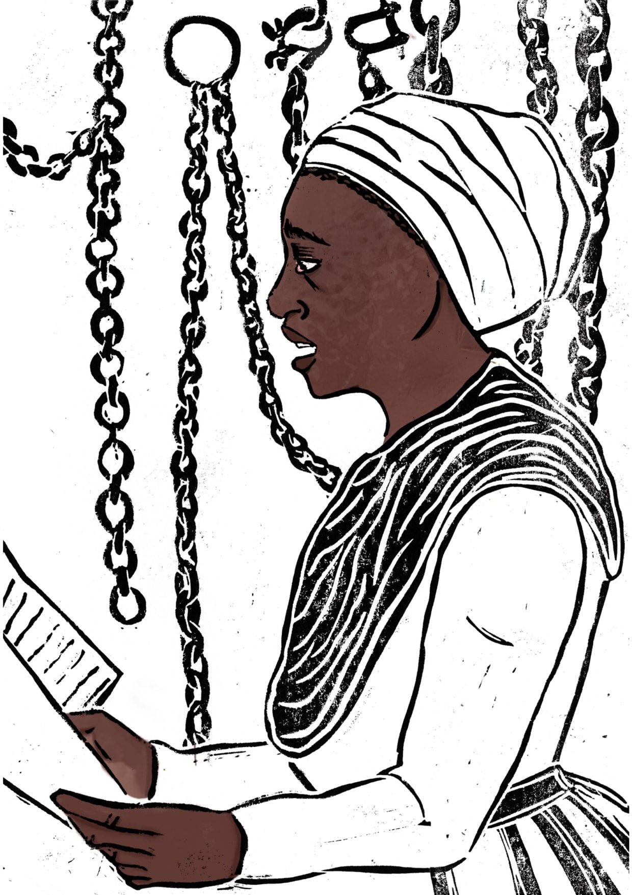 Lino print. The print depicts a Black woman wearing a headscarf, shawl, long sleeved shirt and skirt reading from a double-page manuscript. Her skin is brown, but the rest of the print is in black and white. Behind her, in the background, there are chains hanging from above which, in combination with the sullen look on the woman’s face, create a dark and oppressive atmosphere.