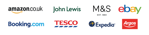 Eight company logos in two rows of four - Amazon, John Lewis, M&S, ebay, booking.com, Tesco,  Expedia and Argos