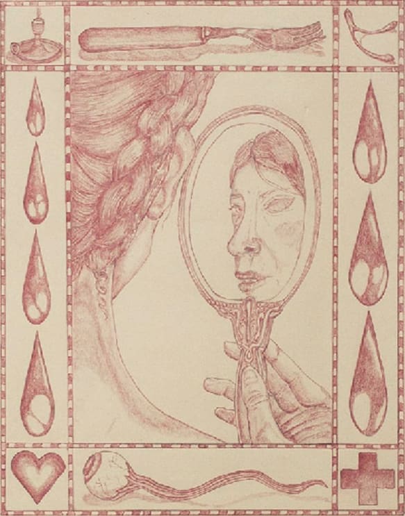 A red pencil line portrait of a young woman facing away from the viewer. In the portrait the woman, who has one eye, peers at an old fashioned mirror.