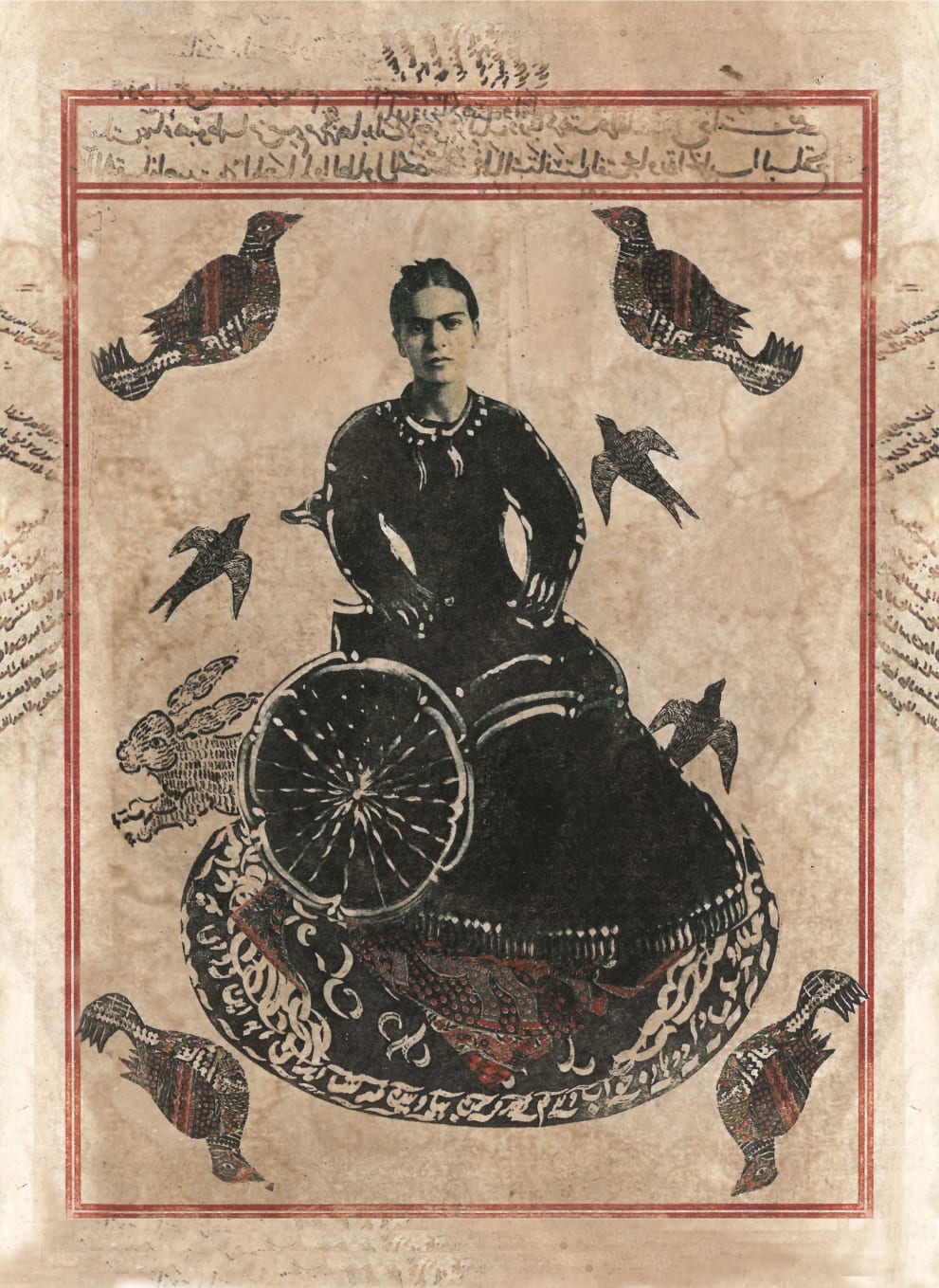 Black ink print of Frida Kahlo on paper dyed a mottled light brown, with red lines framing the image, black calligraphy in Arabic, and other abstract black and red bird images