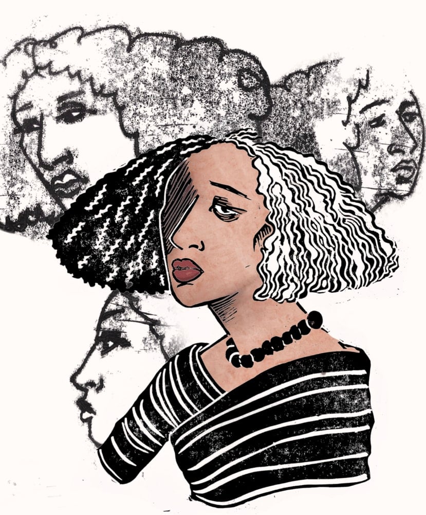 The illustration shows a light-skinned Black woman in profile. She wears a black shawl with white horizontal stripes, draped across her shoulders and meeting in the middle, on her chest. Around her neck is a chain of dark pearl-like beads. Her wavy hair extends into a stylish triangular shape, thicker and more voluminous the further it gets from the root. She wears red lipstick and has a somewhat despairing emotion on her face. Half of her hair is coloured black while the rest is uncoloured. Behind her head are two other, less focused sketches of the woman. In black and white, the two heads look out from behind her, one left and one right. 