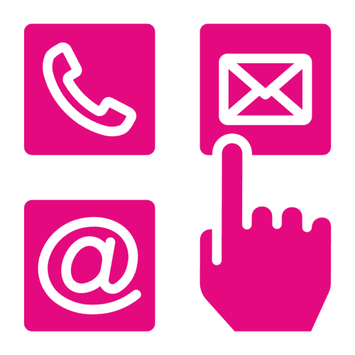 Digital pink image of a 4 square grid with a phone, email, letter and a hand.