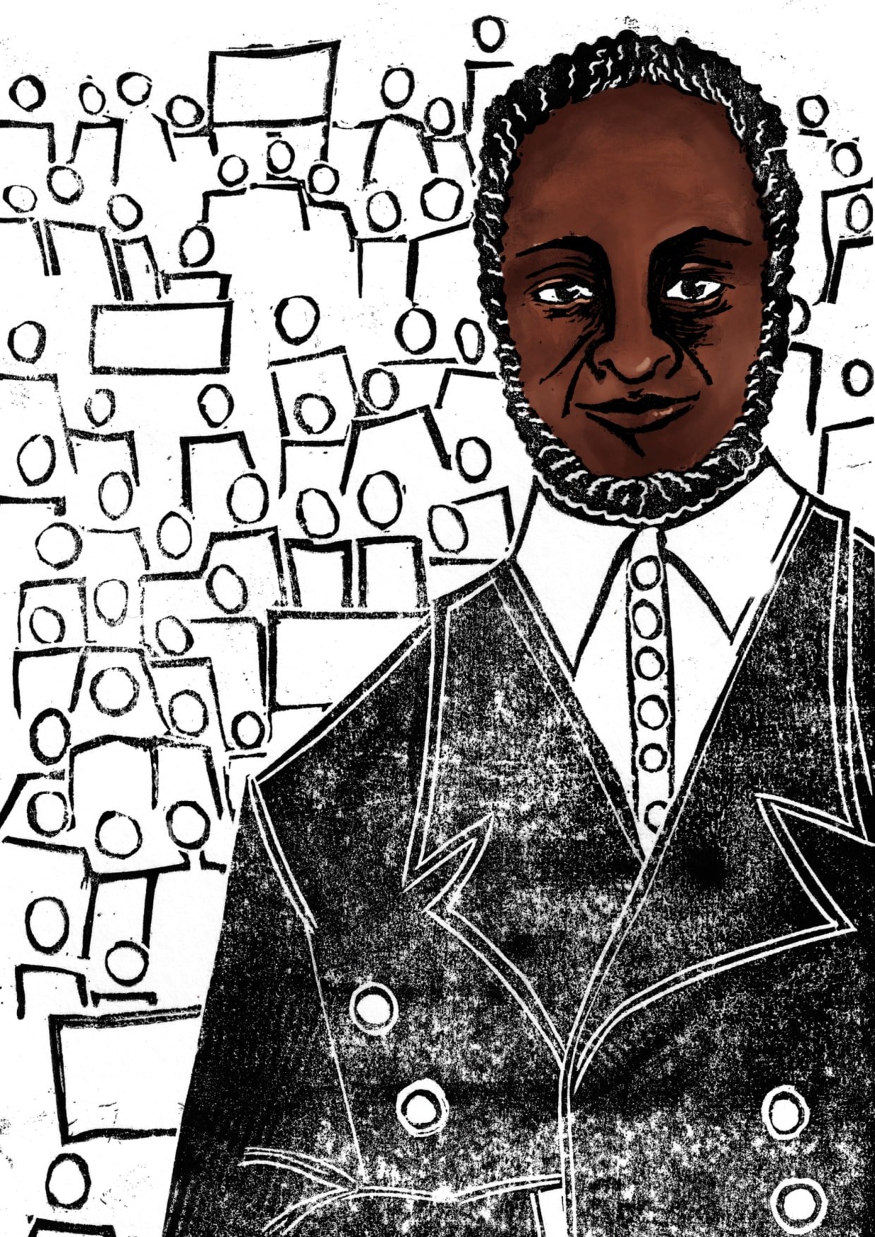 Lino print artwork. A tall Black man wearing a double-breasted black coat on top of a white collared shirt and thin tie looks straight forward. He has short hair and a beard. Behind him are the outlines of many protestors, holding up signs, depicted in abstract lines.