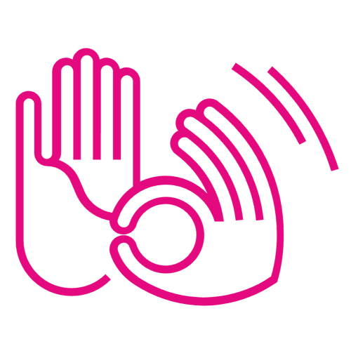 Pink digital image of two hands signing (BSL)