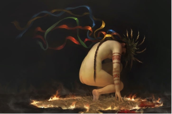 A landscape painting. A person, naked with long plaited hair is crouched and hunched over away from the viewer. Colourful ribbons trail up and away behind them. They stand on smoking and burning ground.