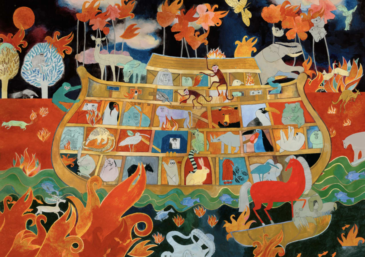 Watercolour painting of a large ark full of different wild animals. Surrounding the ark are many bright orange flames.