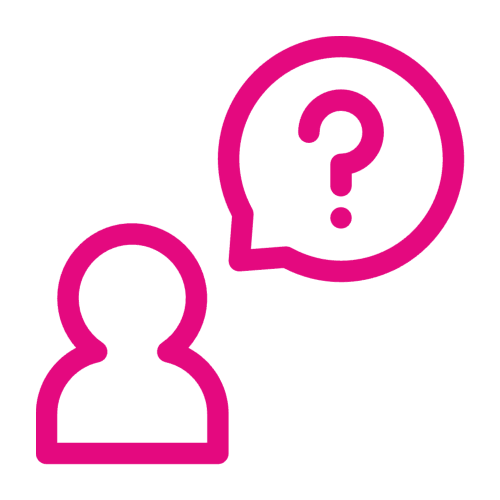 Pink digital image of a person and a speech bubble containing a question mark.