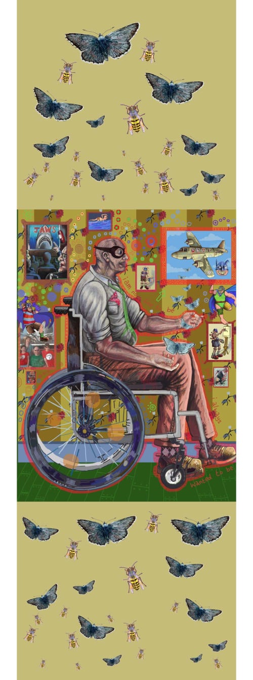 1995 DDA commemorative banner, Jason Wilsher-Mills. Features cartoonish and dreamlike emblems and memorabilia floating around a central figure who sits in a wheelchair, wearing a mask