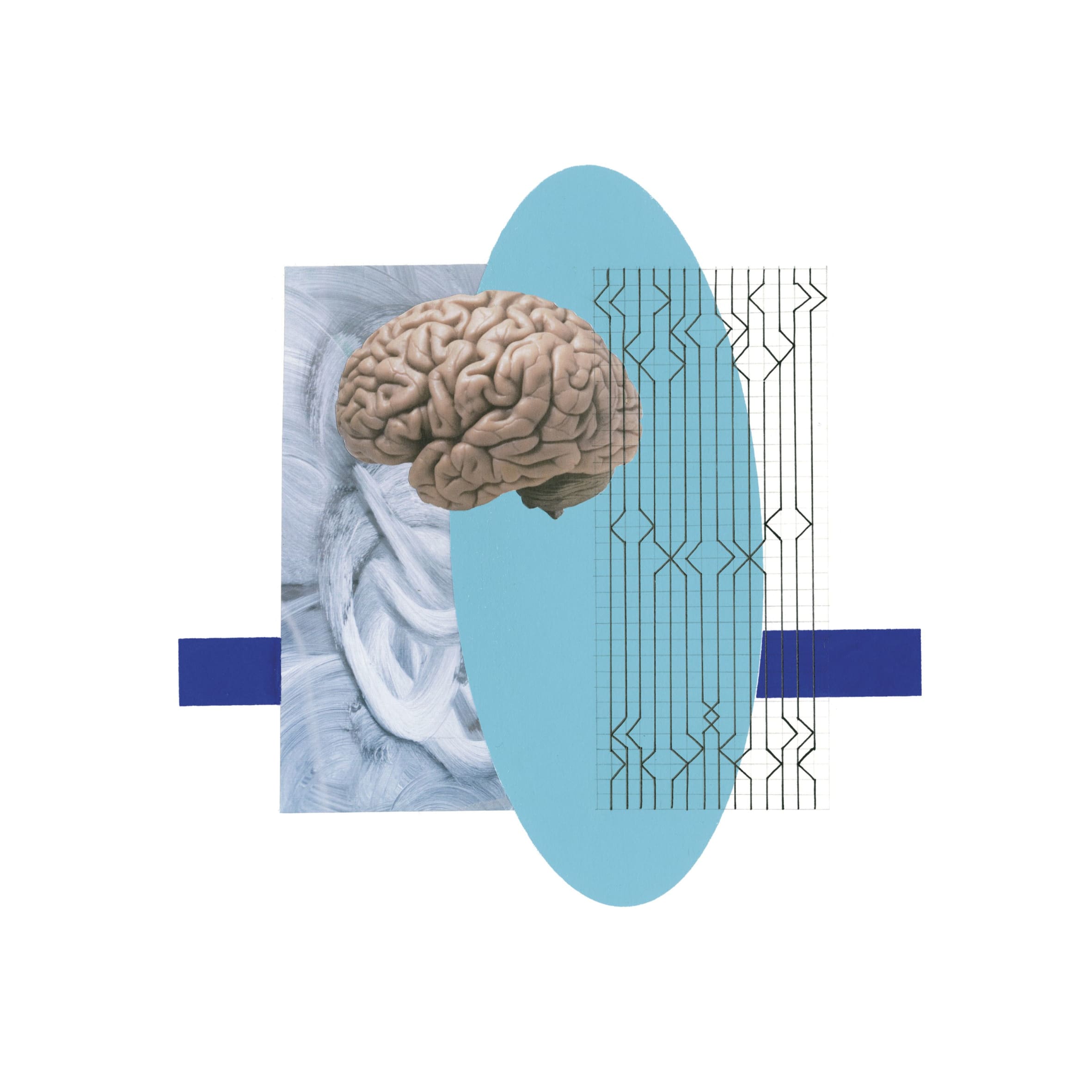 Light blue, dark blue and black 2d shape and black line graphic image with a photograph of a human brain near the middle of the image