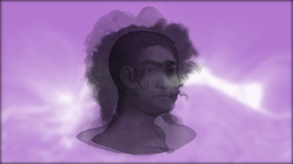 Still from digital artwork. A computer-generated head floats on a purple backdrop, nothing below the neckline.