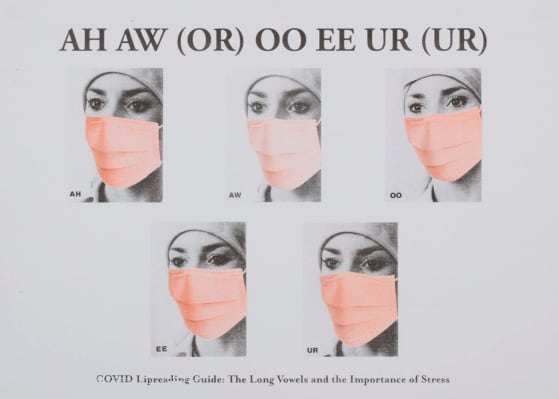 Image of a printed card with five images of a woman wearing a peach coloured face covering. Above in black text it reads 