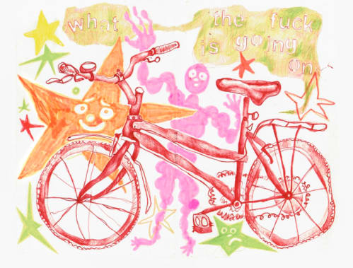 A coloured pencil landscape drawing in vivid reds, greens, oranges and pinks. Filling the drawing is a red bicycle with a pink bubbly figure standing behind it with their arms up. Around the bike is a big orange star with smaller green and yellow sta