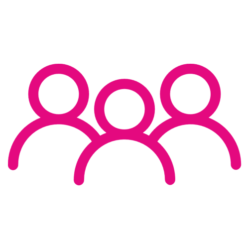 Pink digital logo of three people gathered together