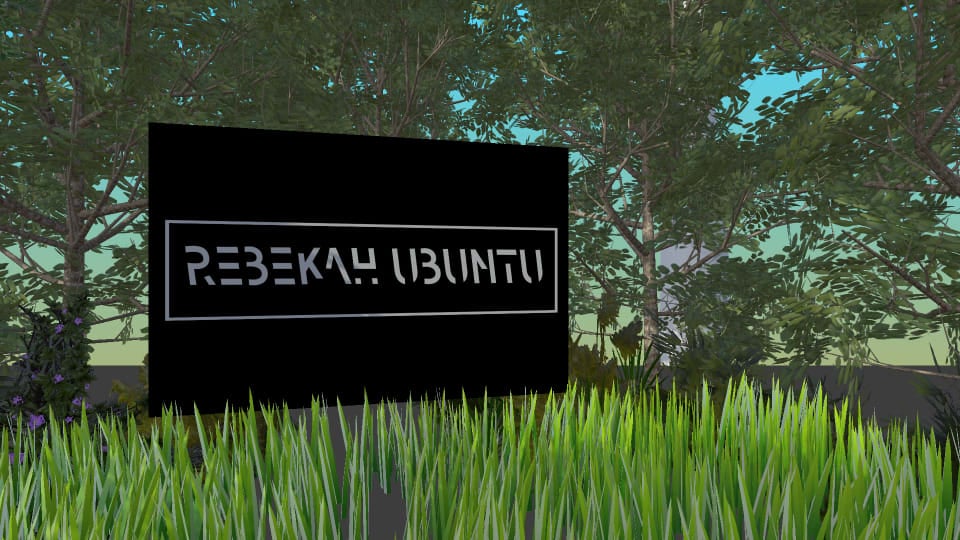 A digital field full of grass, with trees surrounding a large black screen. On the left of the screen grows a small plant with purple flowers, also digitally rendered. On the screen itself, text in capital letters reads “Rebekah Ubuntu.”