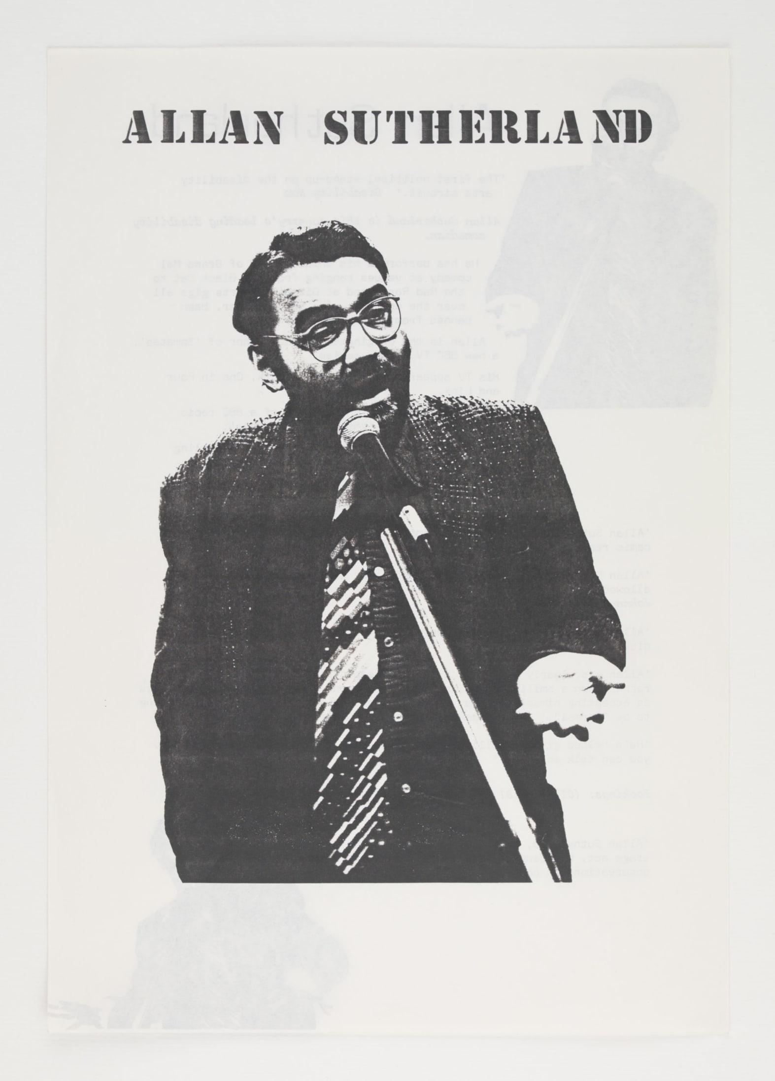 Black and white photo of a man laughing into a microphone against a white background. It looks like a poster for stand-up comedy.