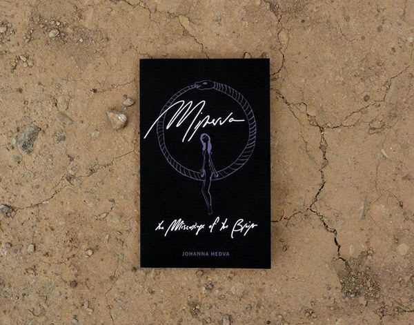 On dried earth, a book is central to the image with a black cover. In squiggly white writing the cover reads: Minerva, the miscarriage of the brain. Johanna Hedva.