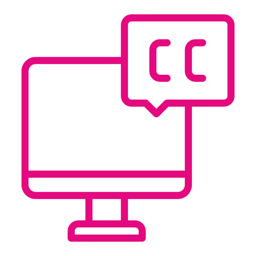 Pink digital logo of a computer with a speech bubble saying CC
