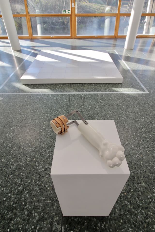 A white porcelain prosthetic dog paw, huamn-sized, with a brown leather strap sits on a white plinth in a sunny room. Another artwork, a large grid of white tiles, sits on the floor behind it.
