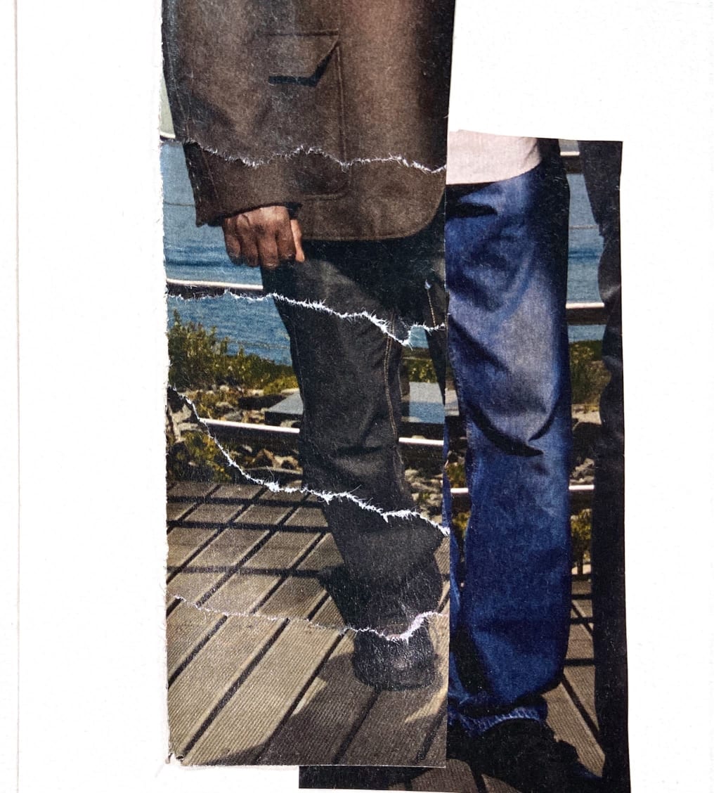 A photo collage of the lower half of a man on decking or a boardwalk, disrupted so that the legs are separate, wearing a different colour of jeans to the other, and rips seeming to appear across the rest of his body and clothing.