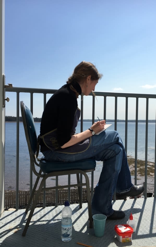 Fae is sat on a chair on a platform behind which is the Canadian sea. She is drawing a picture of the landscape.