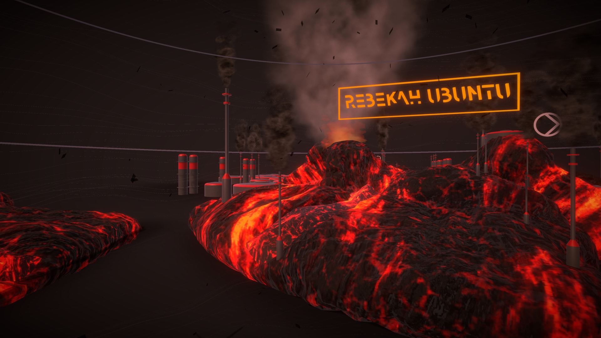A dark and dangerous landscape. Flowing red lava oozes over dark rocks. A power plant of some kind is visible on the horizon. On the right of the image, Rebekahs name is lit up in neon-like lights.
