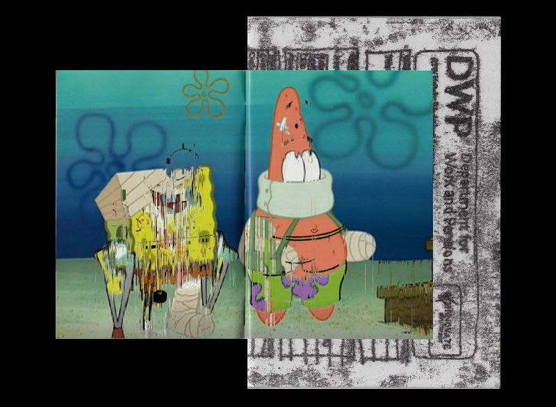 A landscape image collage on a black background. An image of SpongeBob squarepants and Patrick Star is central, overlayed over a portrait mono print of a DWP form.