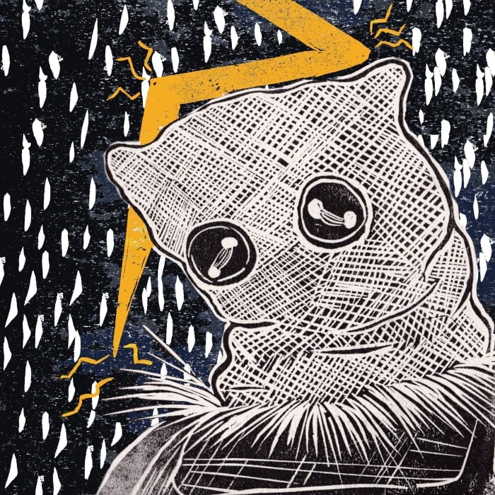 Scarecrow by Naomi is a predominantly black and white print of a scarecrow looking down and quite sad while white raindrops fall on a black background behind it. Cutting through the dark sky is a yellow lightning bolt.
