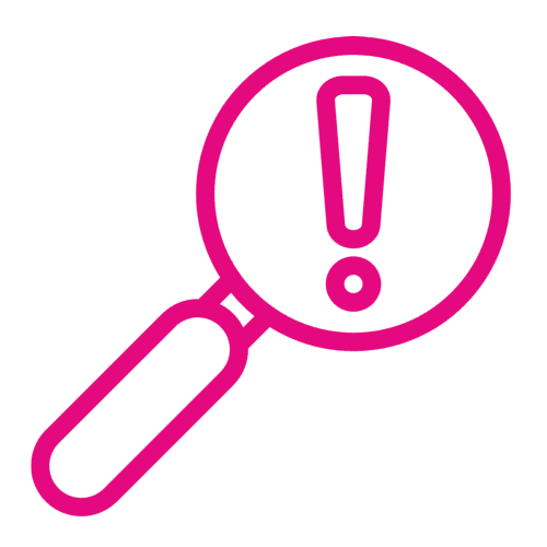 Digital pink image of a magnifying glass with an exclamation mark in it.