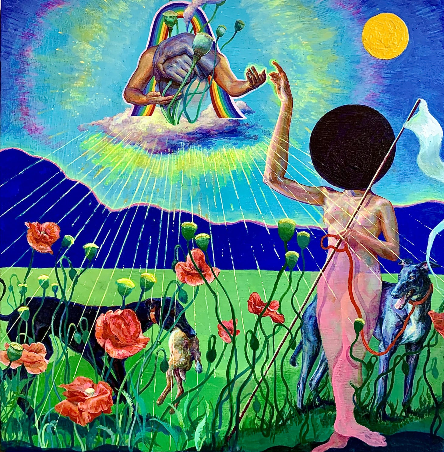 The bottom half of this scene is dominated by a bright green band of colour, from which large poppies and yellow wildflowers grow. In the foreground is a naked female figure with salmon pink, slightly translucent legs and a large black circle inplace