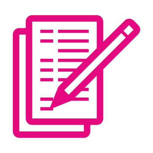 Pink digital image of a two page document and a pencil