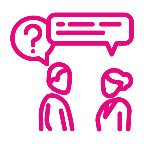 Pink digital image of two people in conversations with speech bubbles