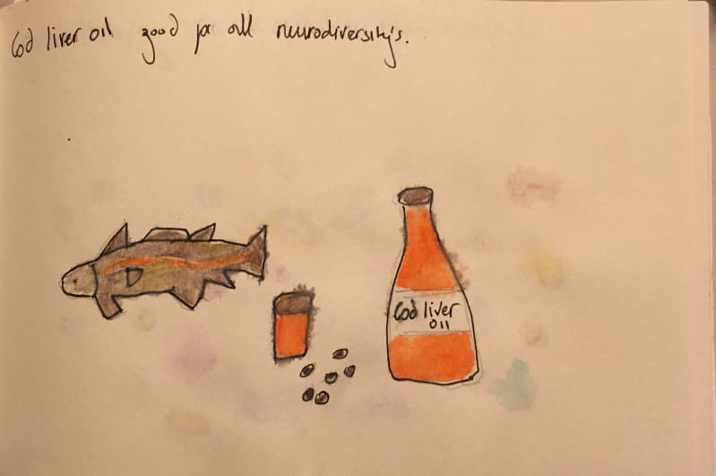 artwork satrically claiming cod liver oil is good for neurodiversity, featuring oil capsules and a swimming cod 